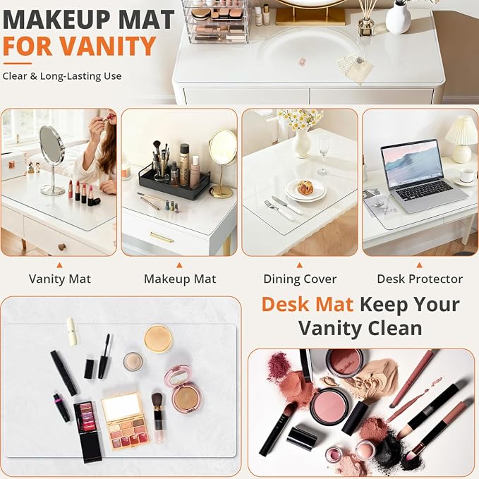 Makeup Mat for Vanity, 20in x 21in Heat Resistant Clear Desk Mat, Easy to Clean Water Vanity Protector Mat, Portable Makeup Accessories for Use While Traveling (Clear 1.5mm)