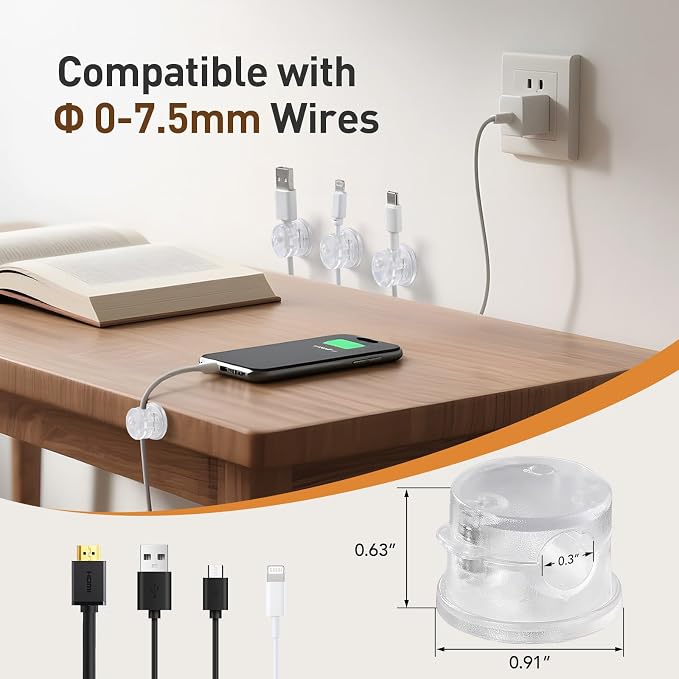 AGPTEK 8 Pack Magnetic Cable Clips, 360° Rotatable Cord Holder, Clear | Cable Holder for Nightstand, Desk Cord Organizer Adhesive Wire Management Home Phone Charging Cords USB Cable Keeper