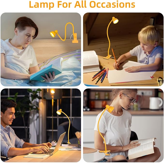 LiFMIRA Clip on Reading Light for Bed 3 Color Modes, 10 Brightness Dimmable, Flexible Gooseneck Clip on Lamp, Eye Care Clip Light for Bed Headboard Desk Home Dorm, Yellow