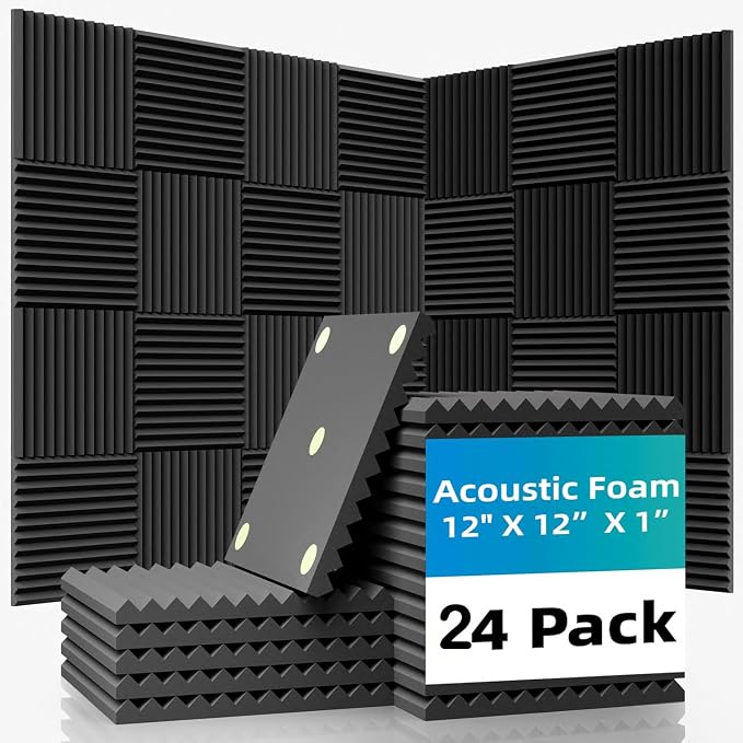24 Pack Sound Proof Foam Panels |1"×12"×12" Quick-Recovery Soundproof Wall Panels | High Density Sound Dampening Panels for Home Studio| With Adhesive Stickers 120PCS (Black)