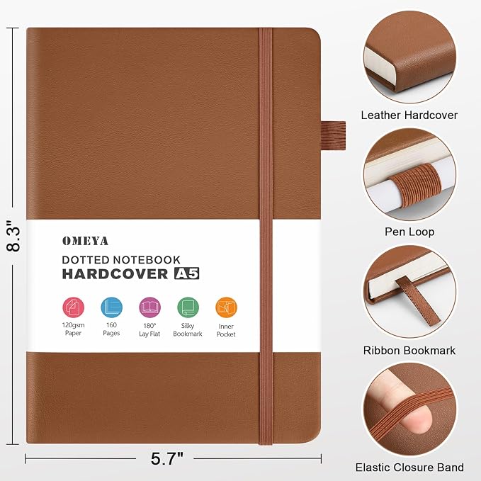 OMEYA Bullet Dotted Journal Notebook 4 Pack: 160 Pages Per Pack, A5 Medium Size(5.75" × 8.38"), 120 GSM Thick Paper, Leather Dotted Notebook, Hardcover Dot Grid Notebook, Dot Journal for Wrting, Gift