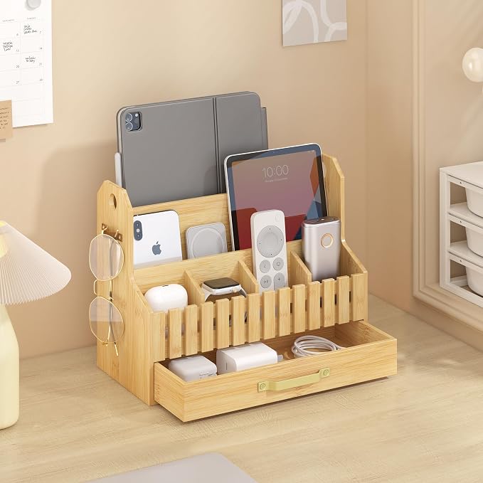Bamboo Mail Organizer Countertop with Drawers, Wood Desk File Organizer Desktop Paper Organization Storage Bill & Letter Sorter Holder for School Home Office Supplies, No Assembly Required (Nature)