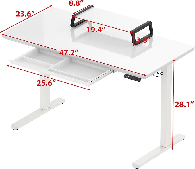 SHW 48-Inch Glass Electric Height Adjustable Standing Desk, White | w/ Monitor Riser | Memory Presets and Cable Management | Drawer with Built-in Compartments | Hanging Hooks