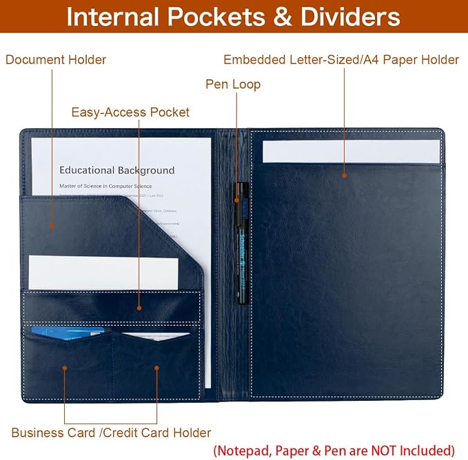 Padfolio Portfolio Binder, Faux Leather Folder, Resume Interview Legal Document Organizer, Letter Sized Writing Pad w/Business Card Holder, A4 Professional Folio for Office Conference (Blue)