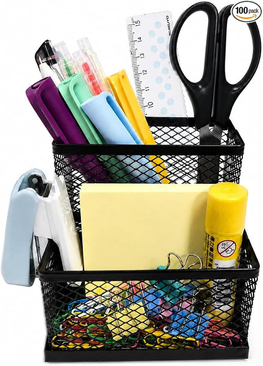 SHFKS Pen Holder for Desk Organizer,2Compartments Office Supply Organizer for School Home Office（Black）