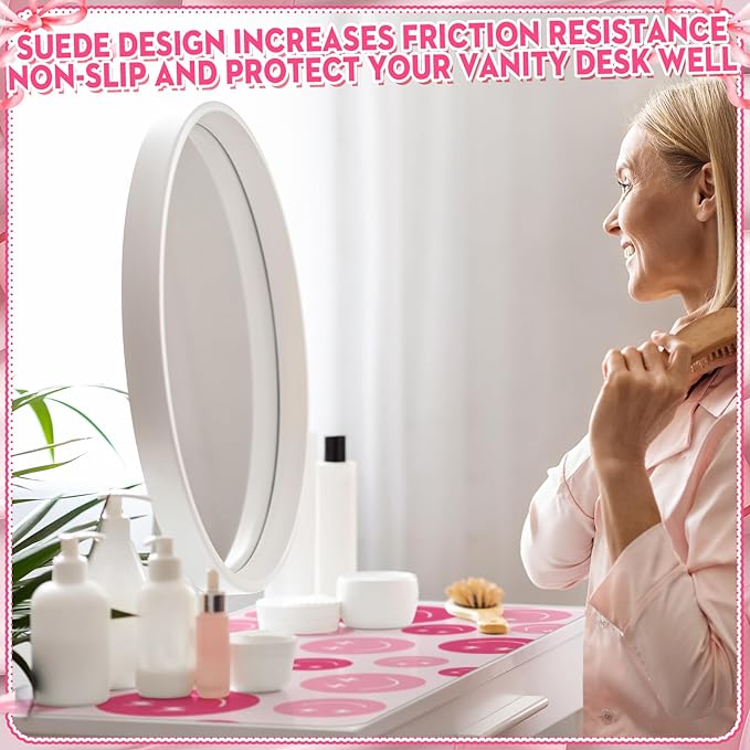 Smile Face Makeup Vanity Mat Leather Desk Pad Protector Cute Pink Mouse Mat Office Desk Dual-Sided Dressing Waterproof Writing Pad for Desktop Office and Home