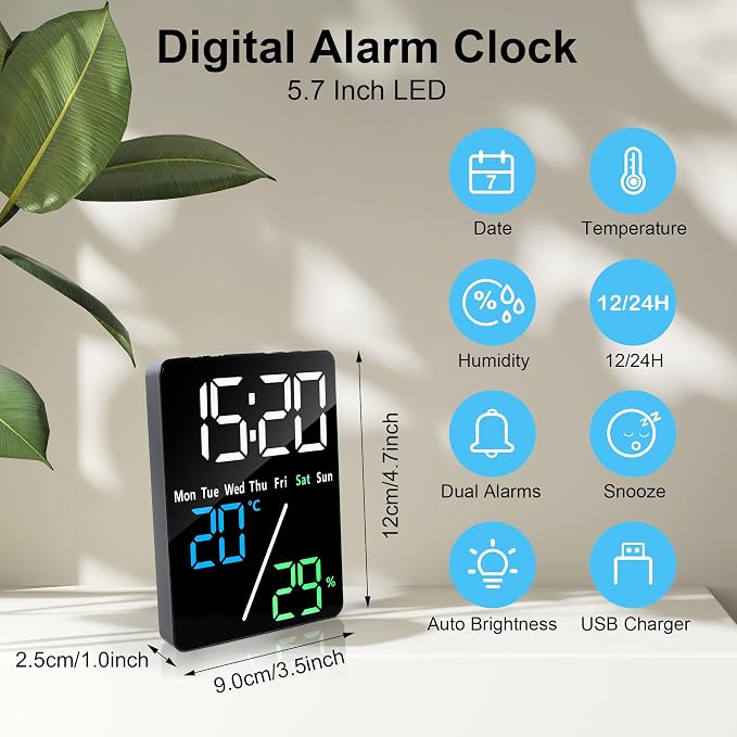 Lafocuse 5.7" LED Digital Alarm Clock Bedside, Table Clocks with Dual Alarm, Date, Day, Temperature, DST, USB Charging, Snooze for Heavy Sleepers Elderly Bedroom Living Room Office