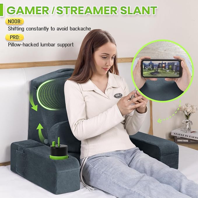 19 INCH Reading Pillow for Adults, Back Pillow for Bed Sitting Up, Backrest Pillow for Sitting in Bed, Detachable Arms with Built-in Cup & Phone Caddy (Dark Gray, 19 INCH)