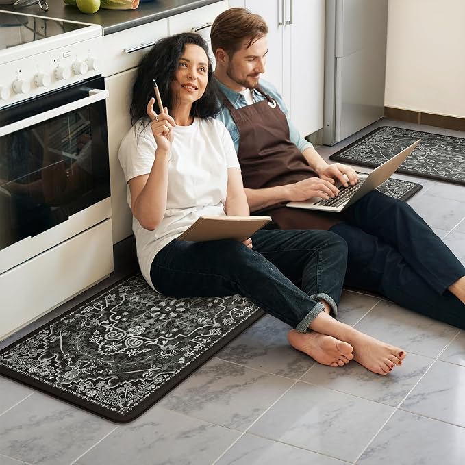 KIMODE Anti Fatigue Kitchen Mat Cushioned, Boho Kitchen Rugs Sets of 2 | Non Slip Memory Foam Kitchen Mat for Floor, Distressed Standing Desk Mat for Laundry Office Sink 17.3"x29"+17.3"x59" Black