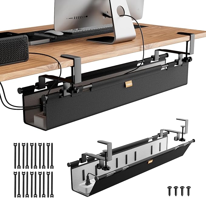 No Drill Thickened Under Desk Cable Management Tray,38.5In,Black | Upgraded Double-Layer Extra Thick Standing Desk Wire Management,Cord Organizer with Clamp/Screw Mount,for Office,Home