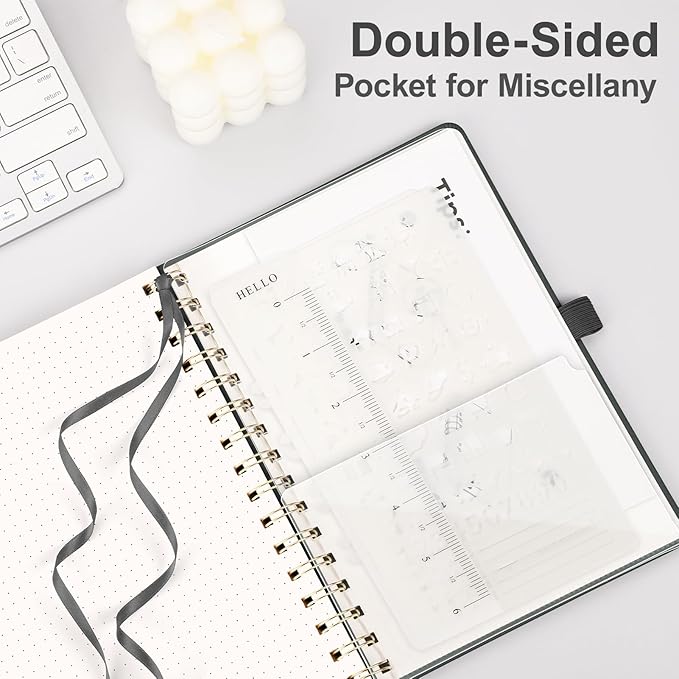 AHGXG Dotted Journal Spiral Notebook, Hardcover Leather Dotted Notebook 140 Pages, A5 Dot Grid Paper Notebook, 100 gsm Thick Paper, for Dotted Journaling, 5.7" x 8.3", Black