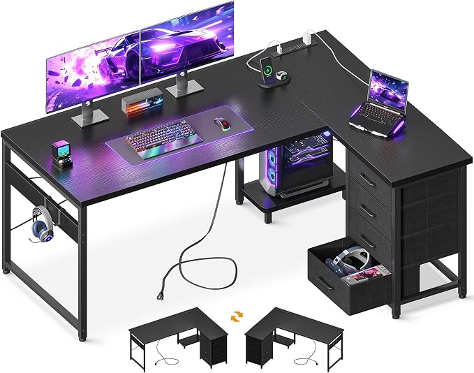 AODK 53" L Shaped Gaming Desk with 4 Drawers and Power Outlets, Black | USB Ports, PC Tower Stand, Hooks, Reversible Corner Layout for Gaming Rooms, Bedrooms and Home Office
