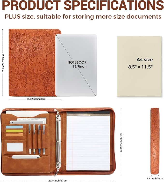 Embossed Faux Leather Zippered Padfolio with 3 Ring Binder, Executive Portfolio Organizer Binder for Women, Fits 13.9" Laptop/Tablet, Refillable Writing Pad Pocket, Brown