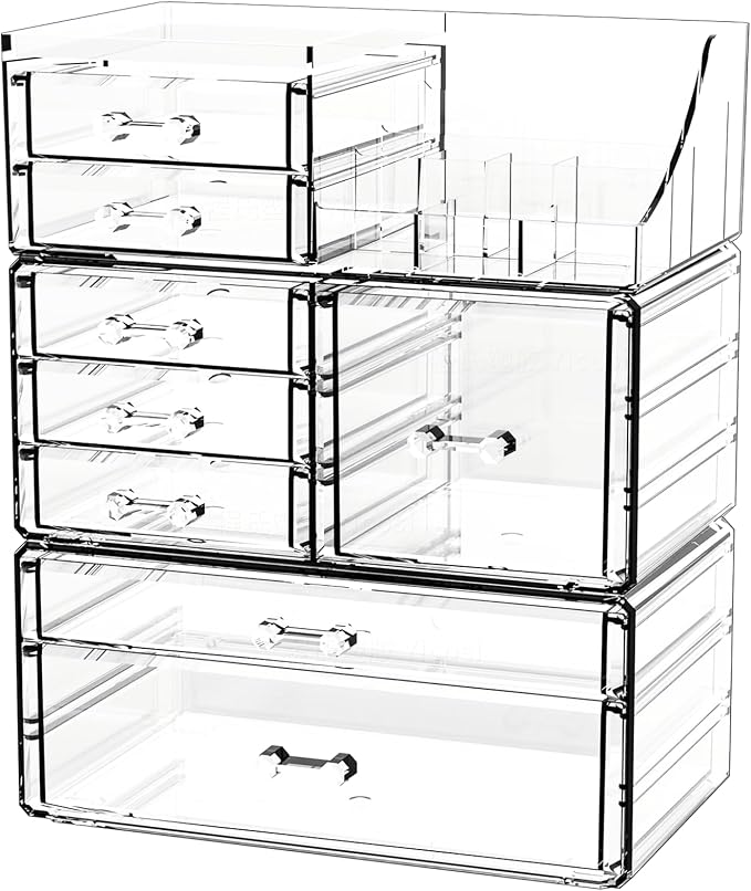 Acrylic Clear Makeup Organizer Countertop,Stackable Skincare Organizer for Vanity With 8 Drawers,Large Plastic Desk Accessories Organization,Bathroom Cosmetic Organizer Countertop for Beauty,Skin Care