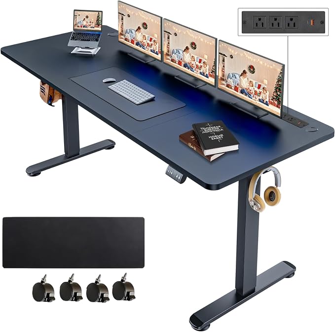 Electric Standing Desk with Power Outlets and USB-C Port, 70 x 27 Inches Adjustable Height Sit Stand Up Desk for Home Office, Adjustable Desk with Memory Preset and Wheels, Black