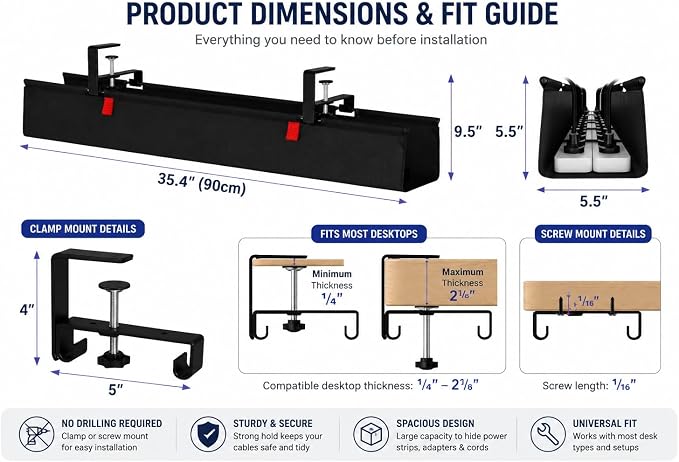 No Drill Under Desk Cable Management Tray, 90cm Cord Organizer for Table, Clamp/Screw Mount Desk Cable Management