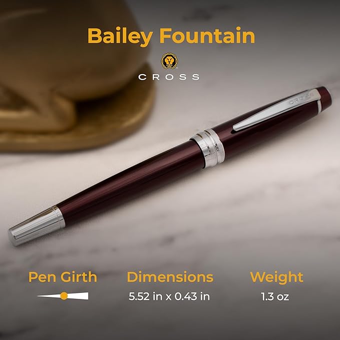 Engraved Cross Fountain Pen | Personalized Cross Bailey Red Lacquer Fountain Pen with Chrome Trim. Personalization, Gift Box, & Starter Ink Included.