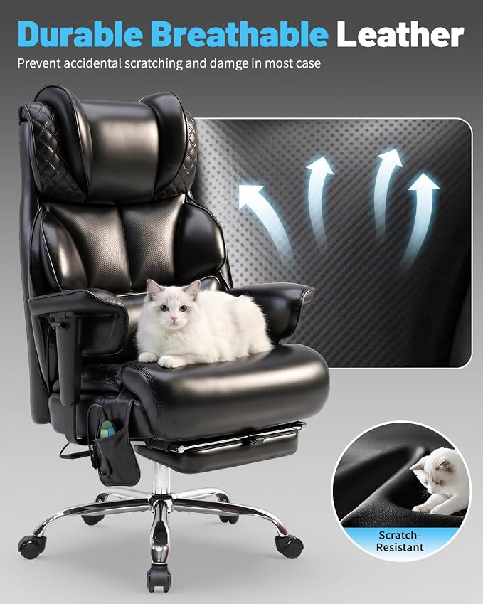 Massage Office Chair with 6 Point Vibration, Foot Rest and Adjustable Armrests – 500lbs Ergonomic Executive Home Office Desk Chairs for Big and Tall Heavy Duty People