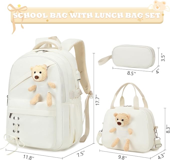 ACESAK School Backpack for Girls - 3 PCS Cute Girls Backpack with Lunch Box & Pencil Case - Kawaii Casual Kids Bookbag School Bag Daypacks Set for Elementary Middle High School Student Teens (Beige)