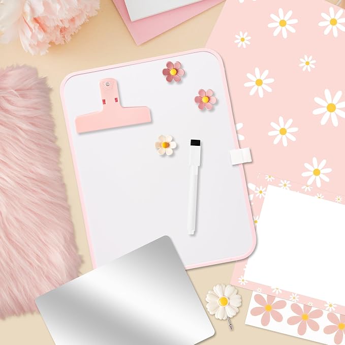 BeYumi Pink Locker Accessories Kit - Back to School Pink Daisy Locker Organizer Decoration Supplies for Kid Magnetic Wallpaper Pen Holder Whiteboard Marker Mirror Magnets Rug Classroom Accessories Kit