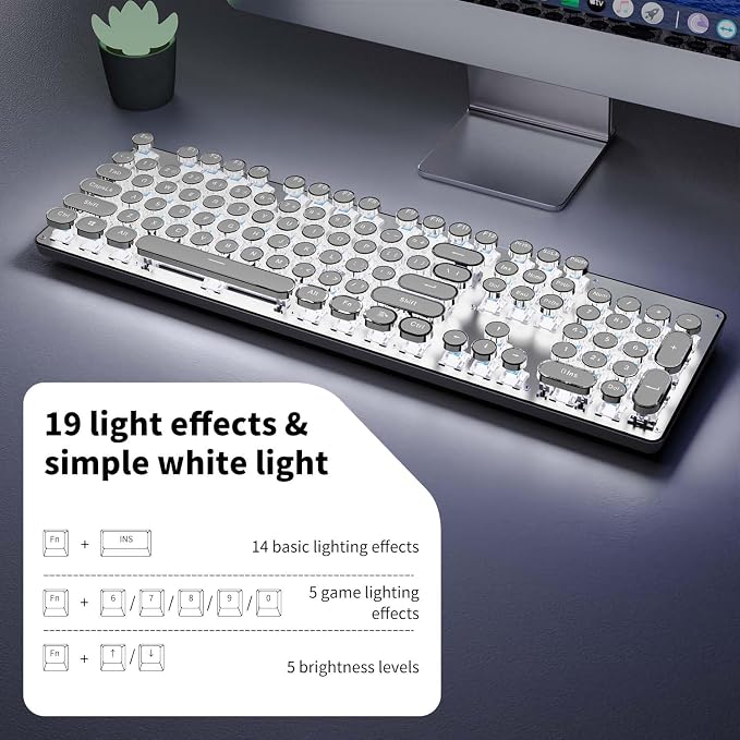 SEUNKWANG EWEADN TK950 Typewriter Keyboard Wireless Mechanical Keyboard, 104 Keys Aesthetic Typewriter Keyboards with White Backlit, Anti-Ghosting, Blue Switch Bluetooth/2.4GHz/Wired Keyboards-White