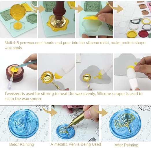 Wax Seal Kit With 24 Colors Envelope Stamp Seals Beads 600pcs, Tree of Life Sealing Stamp, Electric Wax Seal Warmer Set, Silicone Mold, Metallic Pen, 120 Removable Sticky Dots, Spoon Cleaner