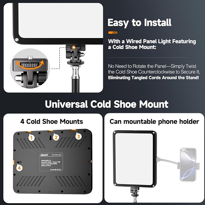 EMART LED Video Light Kit with Phone Holder & Barndoor, 2800-7000K Dimmable Studio Lights for Video Recording, 73'' Height for Live Streaming, YouTube, Vlog, Photography, Content, Podcast, 1-Pack