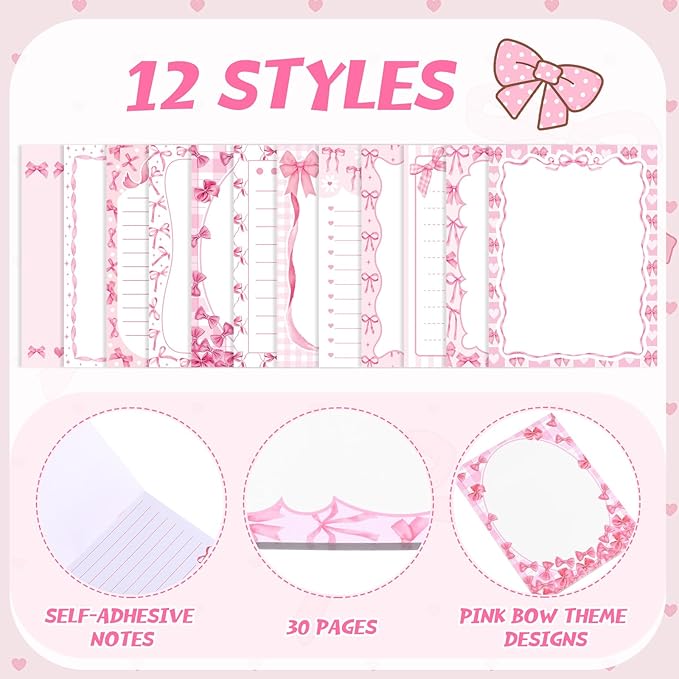 12 Pcs Pink Bow Sticky Notes Coquette Bowknot Self Adhesive Notepad Removable Memo Pad Pink Bow Party Supplies for Home Office Decor Birthday Wedding Bachelorette Party Decorations