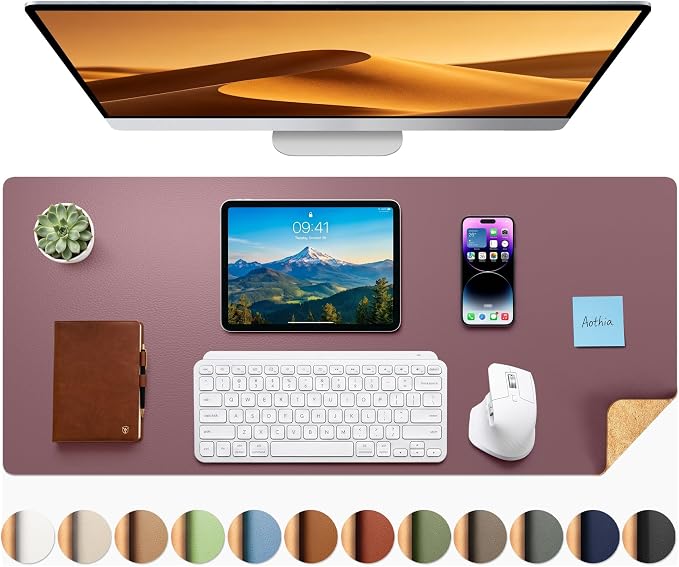 Aothia Dual-Sided Desk Mat, FSC Cork & PU Leather Desk Pad, Large Mouse Pad & Writing Surface for Daily Workspace Setup, Non-Slip Waterproof Desk Protector - 35.4" x 15.7", Pale Mauve