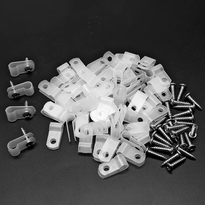 60pcs 3/8 Inch Nylon Cable Clamps, White R-Type Wire Cable Clips | M4 Screws, Screw Mounting Cord Fastener, Wire Conduit Clamp, Wire Management