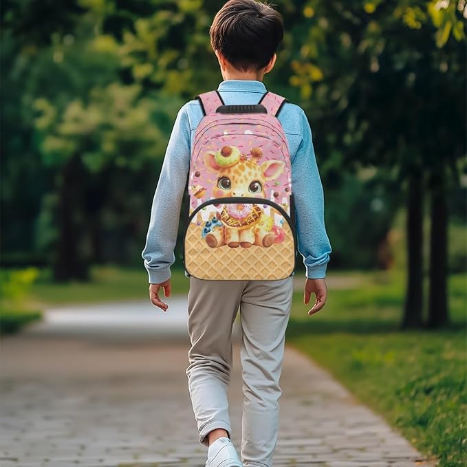 ZFRXIGN Ice Cream Giraffe Kids Backpack for Girls Bookbag with Pendant 17inch Elementary School Bag and Insulated Lunch Box Pencil Case Back to School Supplies