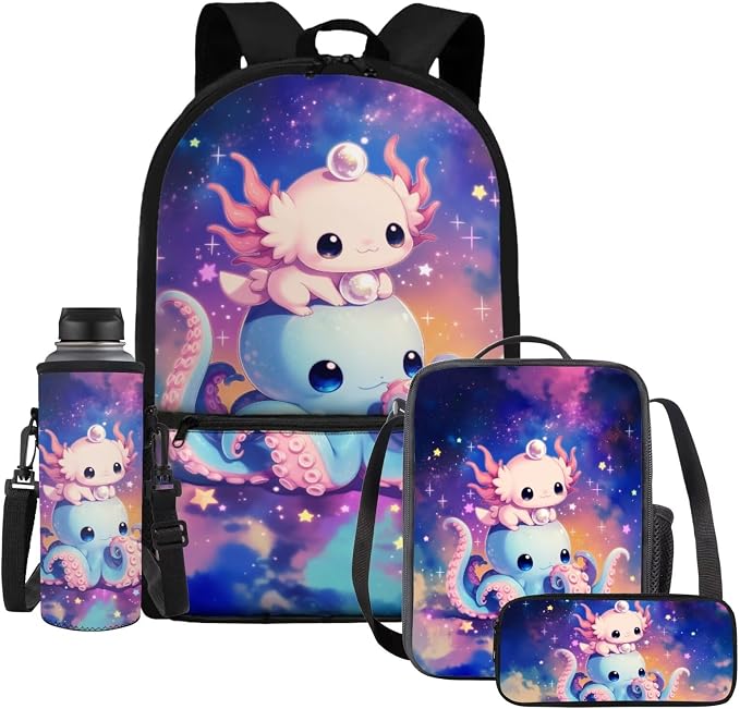 WELLFLYHOM 4 PCS Axolotl School Backpack Set for Girl 6-11, Cute 17 Inch Octopus Backpack with Lunch Box for Kids Back to School, Child Supplies for All Day Use