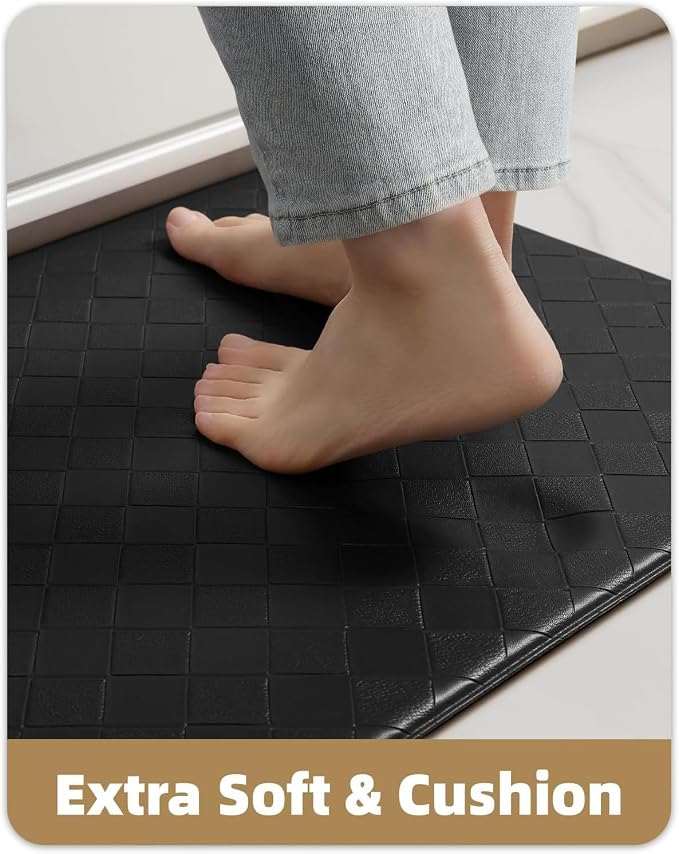 Color&Geometry Checkered Kitchen Mat 24x59+24x94 for Floor,Wide Set/2,Black | Waterproof&Oil Proof, Easy Clean Kitchen Rug For Large/Busy Homes, Anti Fatigue 0.4in Cushion For Long Standing, Non Slip