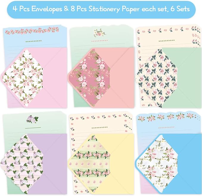 Ceiba Tree Cute Floral Stationery Letter Paper (48 PCS) 7.1 x 5.2 inch Lined Matching Envelopes (24 PCS) Double Sided for Invites