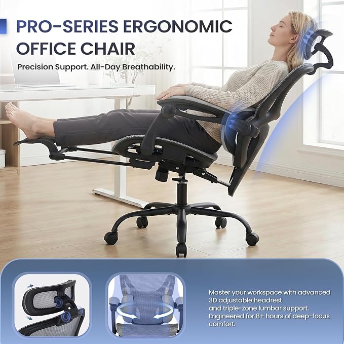 MALOL Ergonomic Mesh Office Chair with Footrest, Executive High Back Computer Desk Chair with 3D Adjustable Headrest & 5-Level Lumbar Support, Track Armrest, Tilt Lock, 300LBS, White