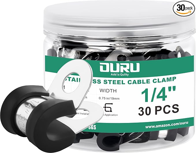 OURU 1/4 Inch Cable Clamps, Rubber Coated Insulated Clamps, 30pcs, 6mm | 304 Stainless Steel, Anti-Vibration, Rust Resistant, Secure Hold, Automotive Wire, Pipe & Tube Mounting, Cable Management
