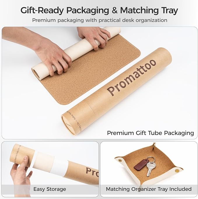 Premium Faux Leather Desk Mat & Tray Set，Innovative Cork-Look Printed Base，Gift Tube Packaging，Full-Desk Coverage，Non-Slip Desk Pad for Office Home（Ivory White）