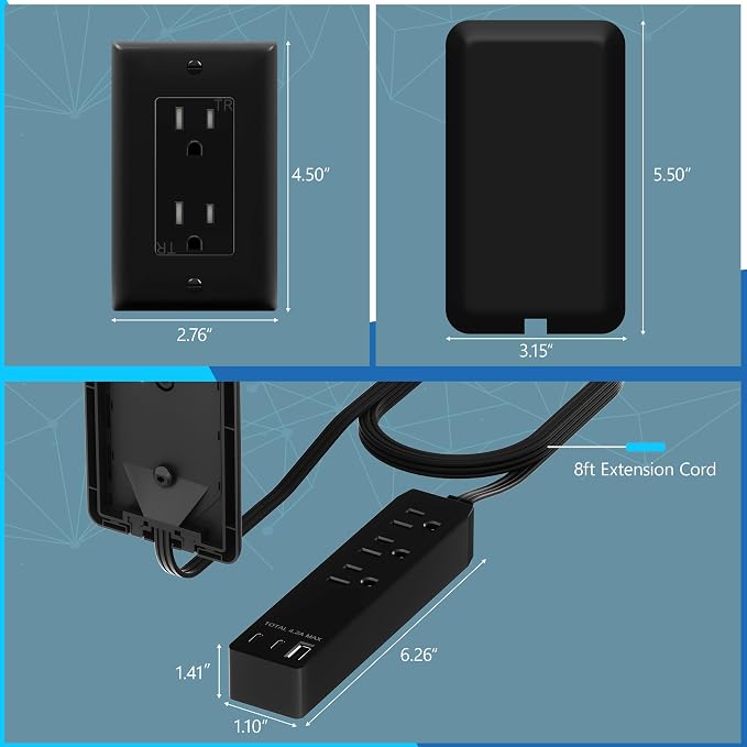 LIDER Outlet Extender with 3 Receptacles, 21W USB-A & 2 USB-C, Ultra-Thin Wall Plate Plug with Cord Extender, 3-Outlet Power Strip, Flat-Face, 3ft Cord, 1625W, ETL Listed, Matte Black