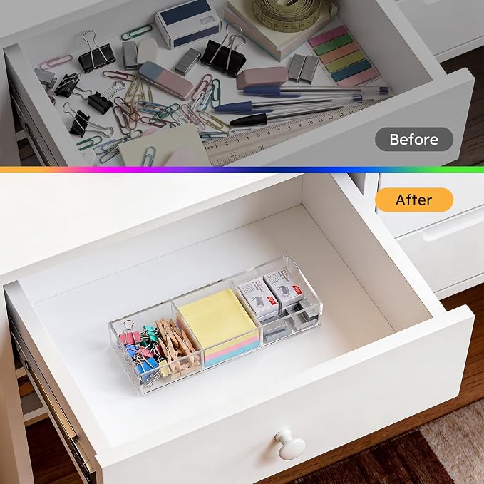 3 Section Clear Acrylic Drawer Organizer Tray, Office & Makeup Drawer Organizer (11.8x4.3 inch)