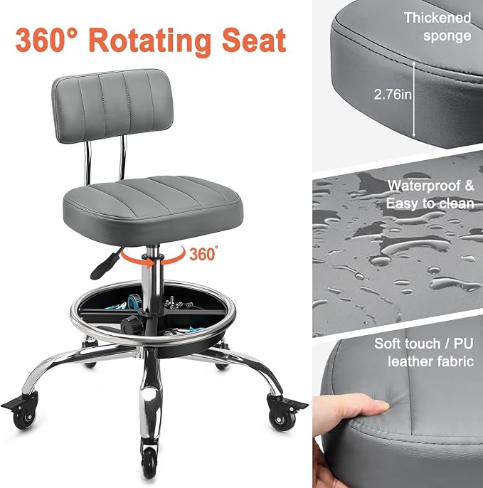 Garage Mechanic Stool with Backrest, Height Adjustable Heavy Duty Swivel Task Chair, Rolling Workshop Stool with Tool Tray Storage, Mechanic Chair for Garage, Shop, Auto Repair (Grey)