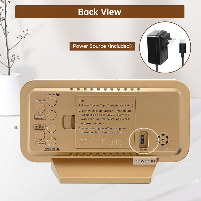 Peakeep Slim Digital Mirror Aesthetic Alarm Clock for Bedrooms Desk Decor | Plug in Electric Big LED Modern Small Clock for Office Living Room, Battery Backup, 6 Dimmers (Gold)