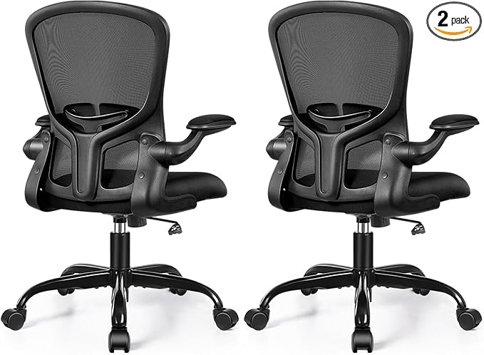 FelixKing Office Desk Chairs, Ergonomic PC Desk Chair with Wheels, Adjustable Lumbar Support and Height, Swivel Computer Chair with Flip-up Armrests, Ergo Mesh Backrest for Working (Black, Pack of 2)