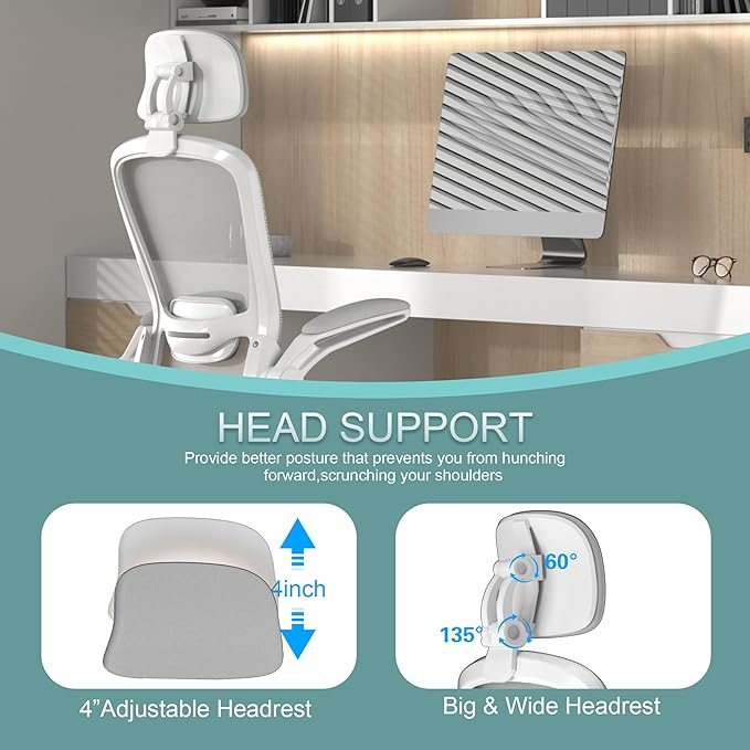 Mimoglad Office Chair, High Back Ergonomic Desk Chair with Adjustable Lumbar Support and Headrest, with flip-up Armrests for Guitar Playing, 5 Years Warranty (Moon Grey)