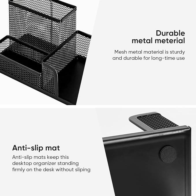deli Mesh Desk Organizer, Black | Office Supplies Caddy with Pencil Holder and Storage Baskets for Desktop Accessories, 3 Compartments
