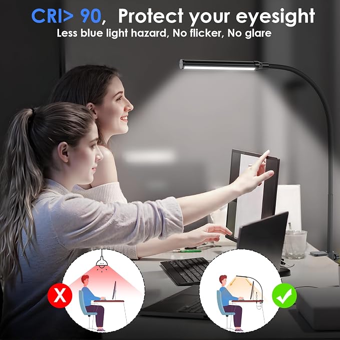 ShineTech LED Desk Lamp with Clamp, Clip On Desk Lamp for Home Office, 5000K Daylight White & Stepless Dimming, Flexible Gooseneck Architect Desk Light, Eye Caring Reading Lamp with USB Adapter