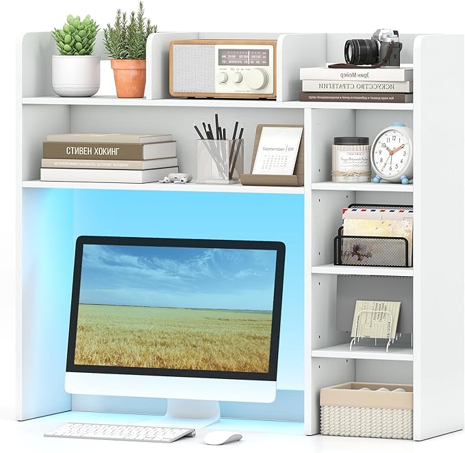 Tangkula Desktop Bookshelf with LED Lights, Desk Hutch with 8 Shelves for Max 25" Monitor, Desktop 5-Tier Display Rack, Multipurpose Wood Desktop Storage Hutch Organizer for Dorm Office Home (White)