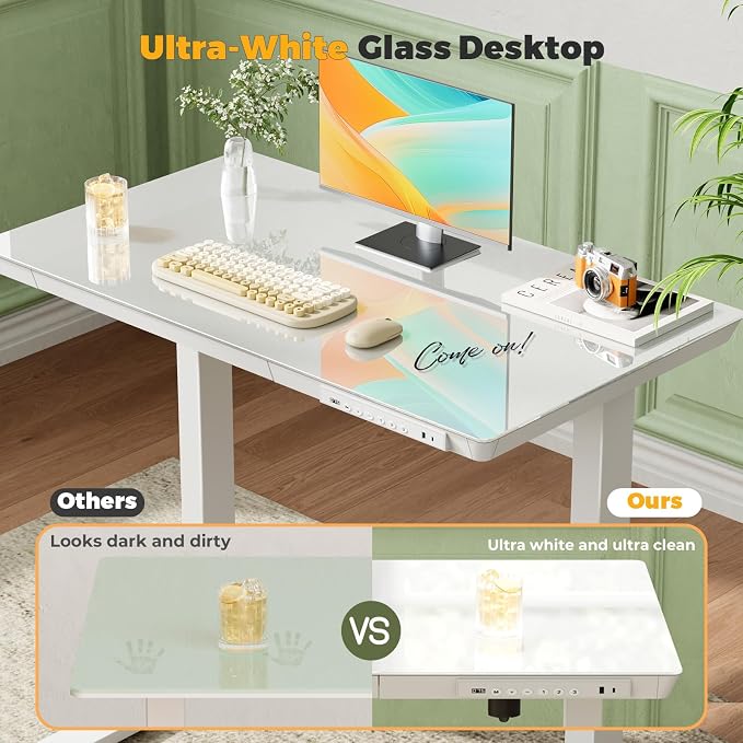 Glass Electric Standing Desk with Drawer, 35" x 20" Whole Piece Small Sit Stand Table, Height Adjustable Desk with Storage & USB Ports, Quick Install Home Office Computer Desk, White