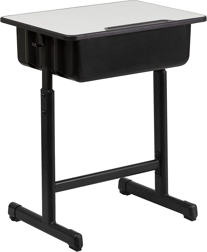 Flash Furniture Billie Open Front Student Desk for Classrooms or Remote Learning, Height Adjust School Desk with Book Box and Bag Hooks, Black/Gray