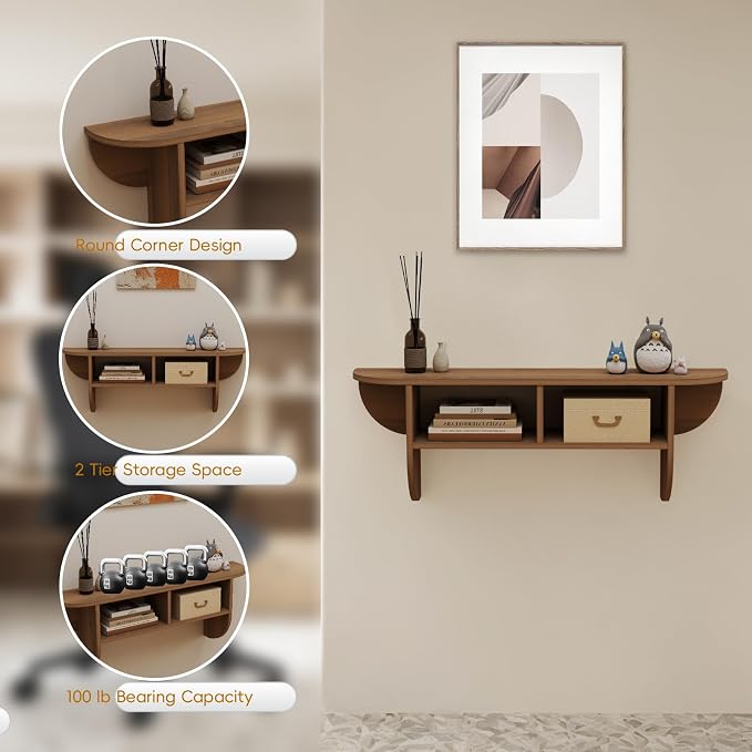 Floating Solid Wood Console Table, 47'' Wall Mounted Narrow Entryway Tables with Storage Shelf, Modern Couch Table Small Entry Way for Entryway, Front Hall, Hallway (Walnut, 47.24IN)