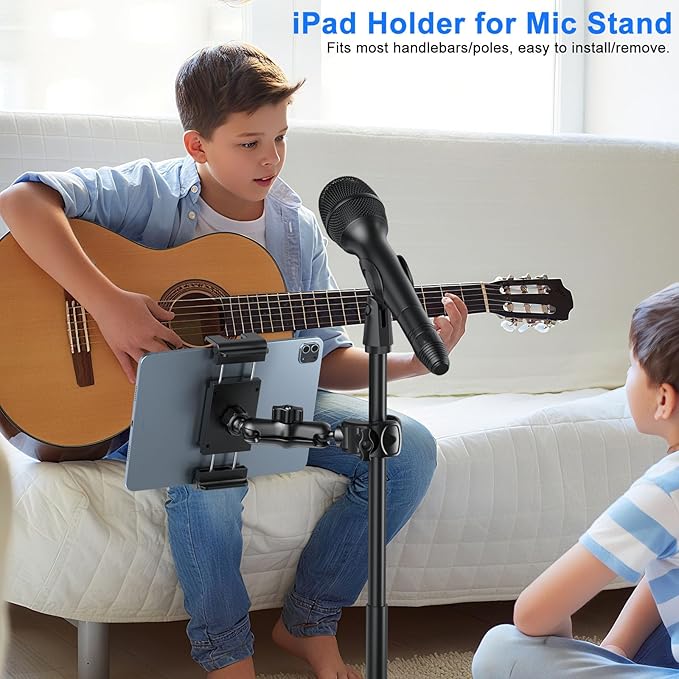PLDHPRO Tablet Holder for Mic Stand 360° Swivel iPad Music Stand Mount for Microphone with Clamp, Musicians Stage Portable Stands Guitar Tripod Accessories Compatible 5.5-14.6'' Devices
